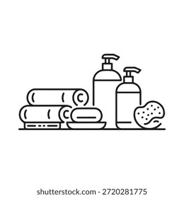 Dibujo de línea simple de toallas de jabón y loción esenciales de baño
