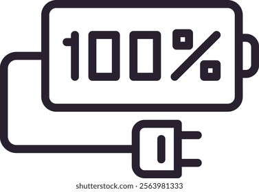 Simple line drawing of a battery icon displaying a full one hundred percent charge, with a plug attached, representing a fully charged electronic device