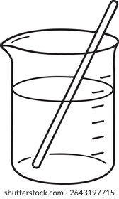 A simple line drawing of a beaker containing liquid, with a stirring rod inside, used in a lab.