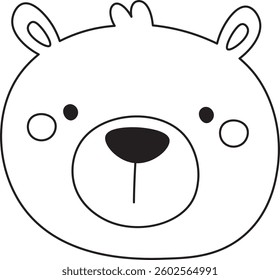 A simple line drawing of a bear's face with round cheeks and small ears. The illustration depicts an adorable bear head with minimalistic features. Cartoon vector illustration.