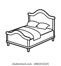 A simple line drawing of a bed with a headboard and footboard and two pillows on a transparent background