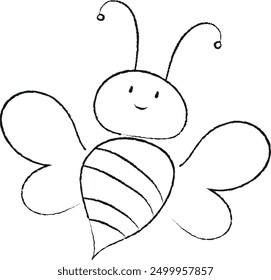 Dibujo de línea simple de una abeja con antenas, cara sonriente, tórax rayado y alas Grandes.