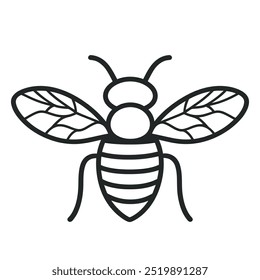 A simple line drawing of a bee, emphasizing its wings and striped body.