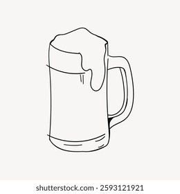 Simple line drawing of a beer mug with foam. Beer mug illustration with foam. Minimalist beer mug sketch. Foam-topped beer mug drawing. Drink illustration vector.