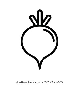 Simples desenho de linha de beterraba com folhas. Ícone do vetor de beterraba. Colheita biológica. Ilustração em preto e branco da comida. Vegetariana. Vegan. Vegetal. Alimentação saudável.