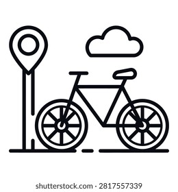 Simple line drawing of a bicycle near a location pin under a cloudy sky