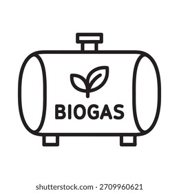 Un simple dibujo de línea de un tanque de almacenamiento de biogás con un icono de hoja y la palabra BIOGAS, que representa la producción de energía sostenible.