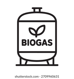 A simple line drawing of a biogas storage tank with a stylized leaf symbol and the word BIOGAS.
