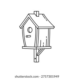 a simple line drawing of a birdhouse mounted on a pole, ideal for use in educational materials, gardening or wildlife themed marketing