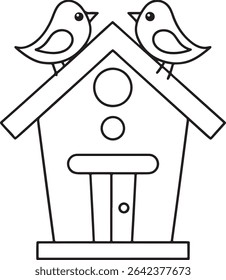 Simple line drawing of a birdhouse with two birds perched on the roof.  Perfect for children's books, educational materials, or springtime designs.