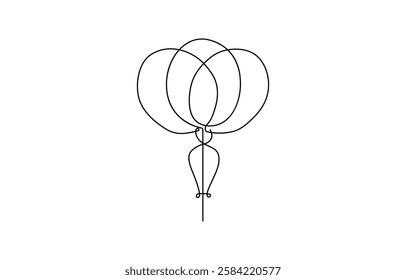 A simple line drawing of a birthday balloon, perfect for kids, Birthday celebration balloons in a continuous line drawing. Idea for holiday kids decorations.