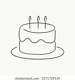 Simple line drawing of a birthday cake with three candles. Minimalist cake design, perfect for birthday celebrations and party invitations. Simple black line art doodle vector.