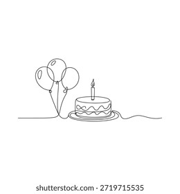 Simple line drawing of a birthday cake with balloons celebration and joy