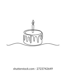 Desenho de linha simples de um bolo de aniversário com uma única vela acesa