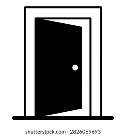 Simple line drawing of a black door with a white frame and peephole, slightly ajar