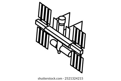 Dibujo de línea simple en blanco y negro de la estación espacial, ilustración isométrica, Ilustración vectorial