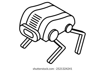 Desenho simples em preto e branco de uma nave espacial não tripulada quadruplicou robô, ilustração isométrica, Ilustração vetorial