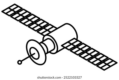 Dibujo de línea simple en blanco y negro de un satélite, ilustración isométrica, Ilustración vectorial