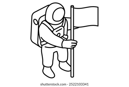 Dibujo de línea simple en blanco y negro de un astronauta que apunta una bandera al suelo, ilustración isométrica, Ilustración vectorial