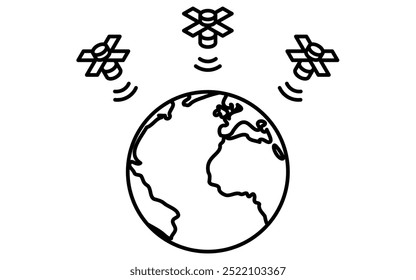 Desenho de linha simples em preto e branco de ondas de rádio de um satélite caindo à terra, ilustração isométrica, Ilustração vetorial