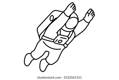 Simple line drawing in black and white of an astronaut floating with outstretched hand, isometric illustration, Vector Illustration