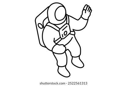 Simple line drawing in black and white of a waving astronaut, isometric illustration, Vector Illustration