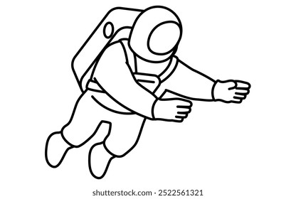 Desenho de linha simples em preto e branco de um astronauta flutuando com a mão estendida, ilustração isométrica, Ilustração vetorial