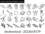 Simple line drawing in black and whites of astronauts, satellites, and other space development, isometric illustration set, Vector Illustration