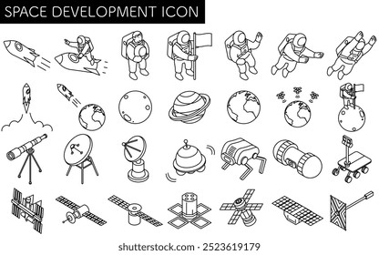 Desenho de linha simples em preto e branco de astronautas, satélites e outros desenvolvimentos espaciais, conjunto de ilustração isométrica, Ilustração vetorial