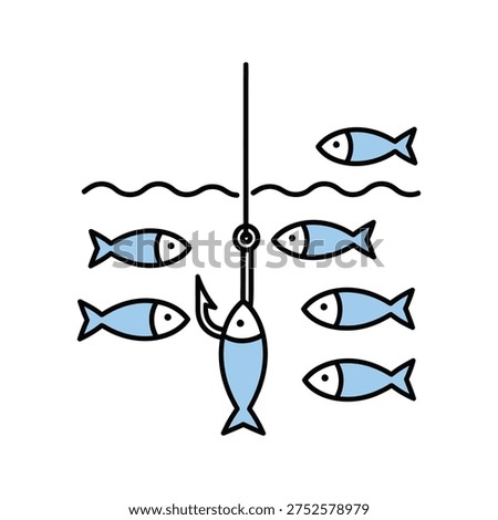 a simple line drawing of a blue fish caught on a hook with other blue fish swimming around it in the water