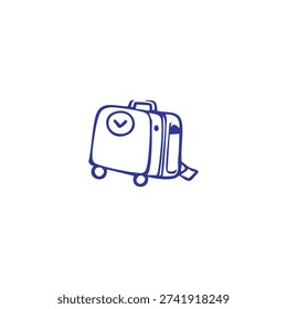 A simple line drawing of a blue suitcase with wheels.