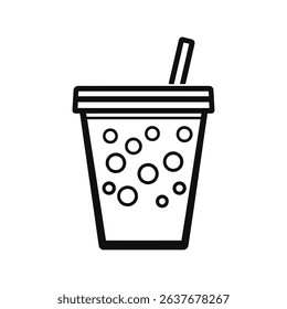 A simple line drawing of a boba drink glass with circles and a straw is isolated against a transparent backdrop for easy use.