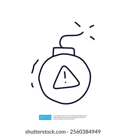 A simple line drawing of a bomb with a warning sign, indicating danger or potential explosion.