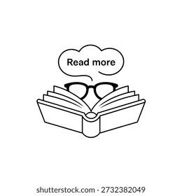 Dibujo de línea simple de libro con gafas y leer más burbuja de texto