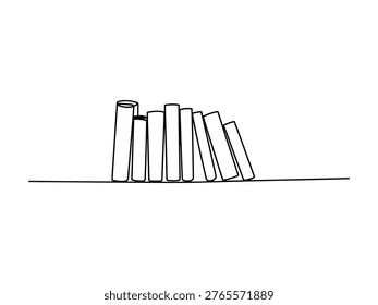 Simple line drawing of books stacked on flat surface in disarray