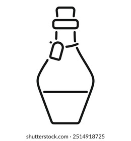 Simple line drawing of a bottle containing magic potion with blank label for text, isolated on white