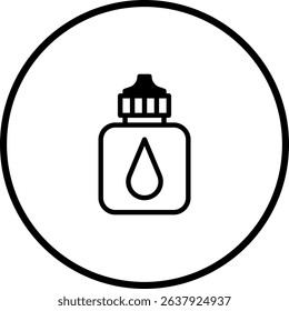 Simple line drawing of a bottle with a drop icon in a black circle