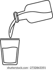 Un simple dibujo de línea de una botella vertiendo un líquido en una taza de vidrio