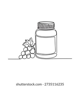 Simple line drawing of a bottle with a screw cap and bunch of grapes