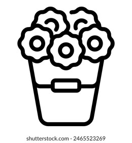 Dibujo de línea simple de un ramo con flores esponjosas en un cubo, ideal para colorear y artesanías
