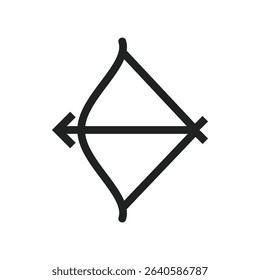 A simple line drawing of a bow and arrow, a classic symbol of archery and hunting.  The design is minimalist and clean.