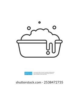 A simple line drawing of a bowl filled with bubbles, suggesting a soapy mixture, possibly representing cleaning or cooking.