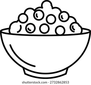Um desenho de linha simples de uma tigela cheia de pedaços de cereais redondos em um fundo simples