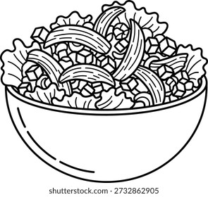 Um simples desenho de linha de uma tigela recheada com uma mistura de alface e legumes, apresentado em um estilo minimalista.