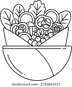 Um desenho simples de uma tigela cheia até a borda com uma variedade de frutas e legumes, mostrando uma colheita saudável e abundante