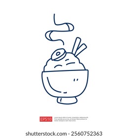 A simple line drawing of a bowl of food with steam rising, chopsticks, and a smiley face, suggesting warmth and enjoyment.