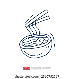 A simple line drawing of a bowl of ramen with noodles and a slice of meat, emphasizing the deliciousness of this popular dish.