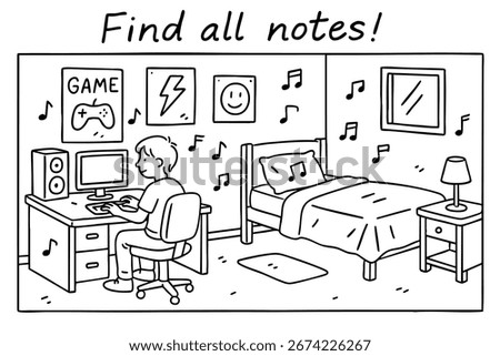 Simple line drawing of a boy in his room with computer bed and posters including hidden music notes for kids puzzle.