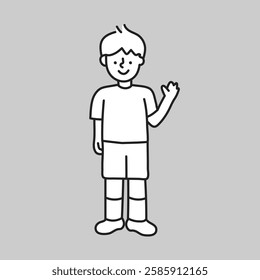 Simple line drawing of a boy waving. The boy is wearing a t-shirt and shorts. Cartoon boy illustration with a friendly expression on a gray background. Line art illustration vector.