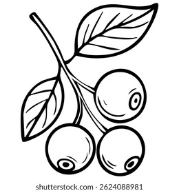 A simple line drawing of a branch with three round berries and two leaves. The design is minimalistic and suitable for coloring or vector illustration purposes.
